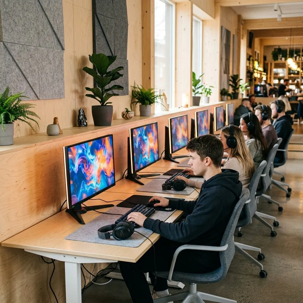Birch rows of gaming stations with matching screens and chairs
