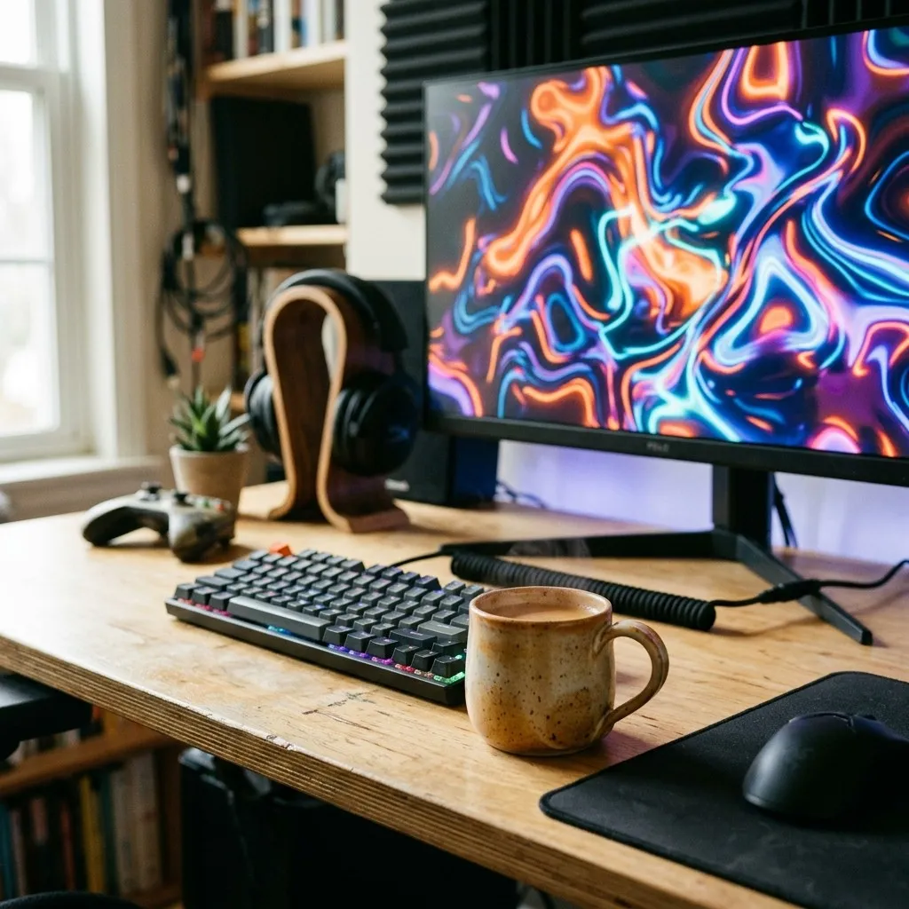 A warm mug resting on a wooden table by a paired gaming bench