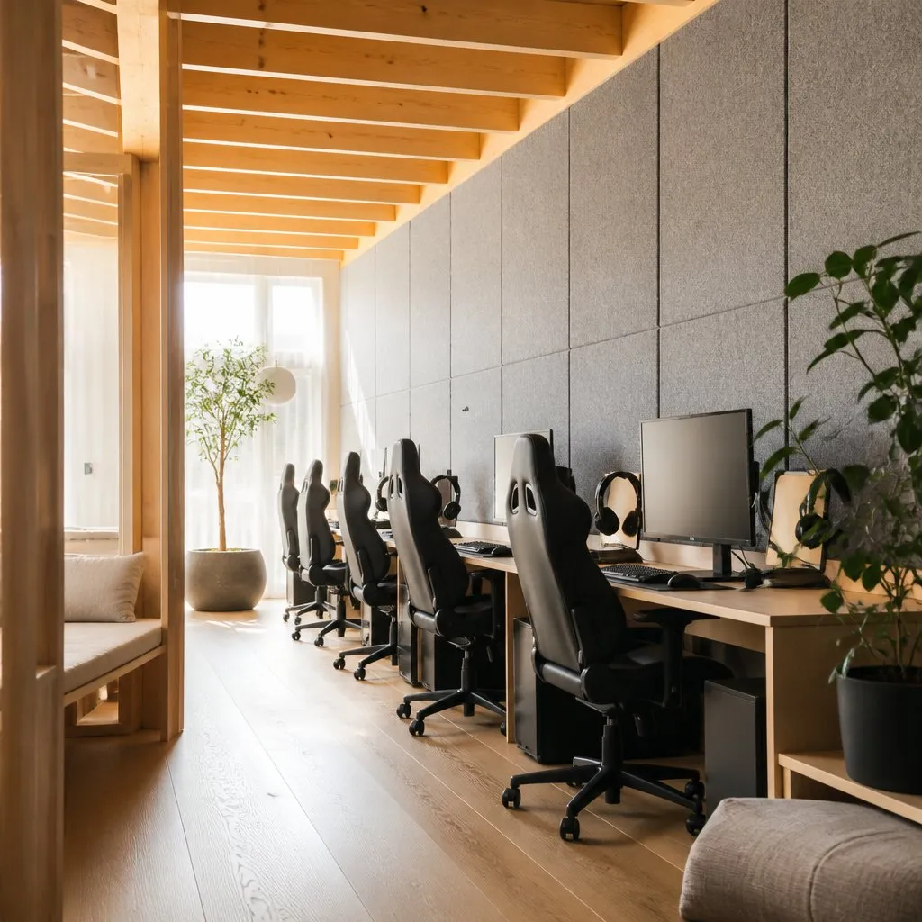 A felt-panel wall beside a row of birch gaming stations in warm daylight