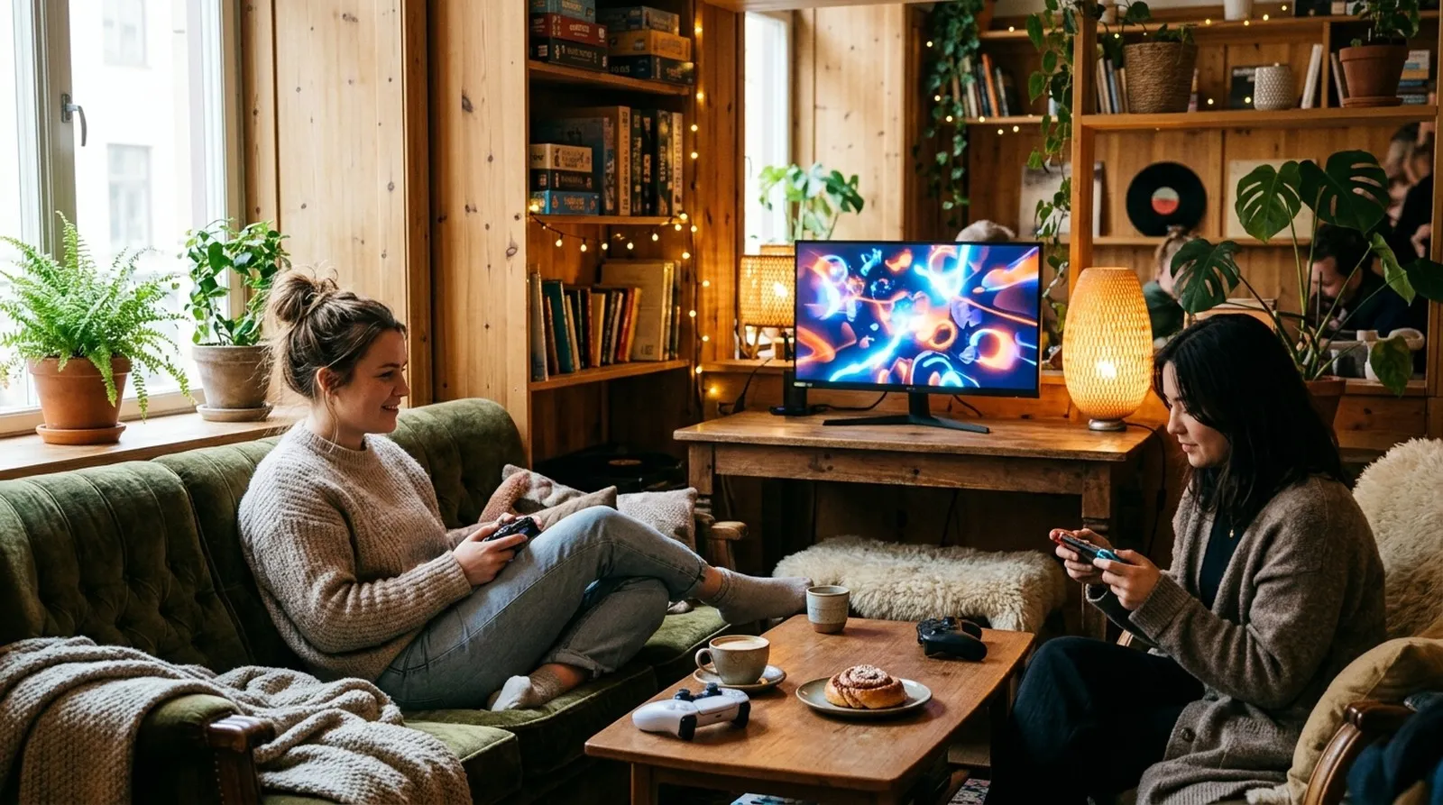 Warm wooden lounge space where players gather for the shared fika break